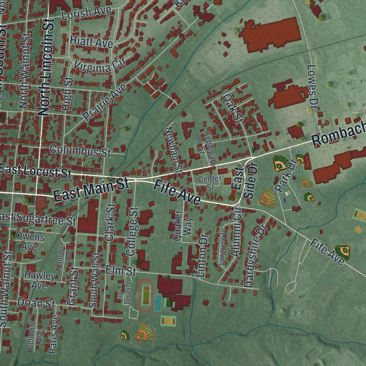 Close-up of the map of Wilmington, Ohio print showing street and building detail