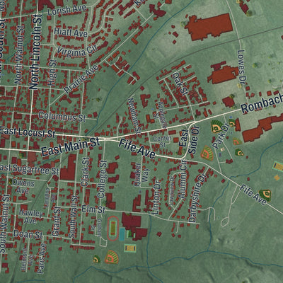 Close-up of the map of Wilmington, Ohio print showing street and building detail