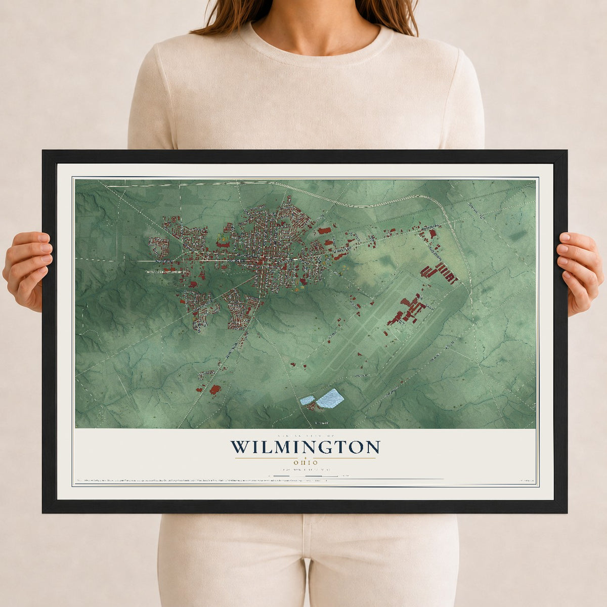 Map of Wilmington, Ohio, 12 x 18 inch print in a black wood frame