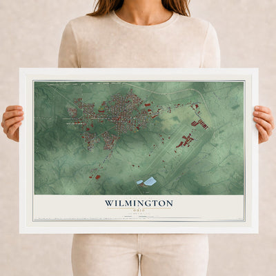 Map of Wilmington, Ohio, 12 x 18 inch print in a white wood frame