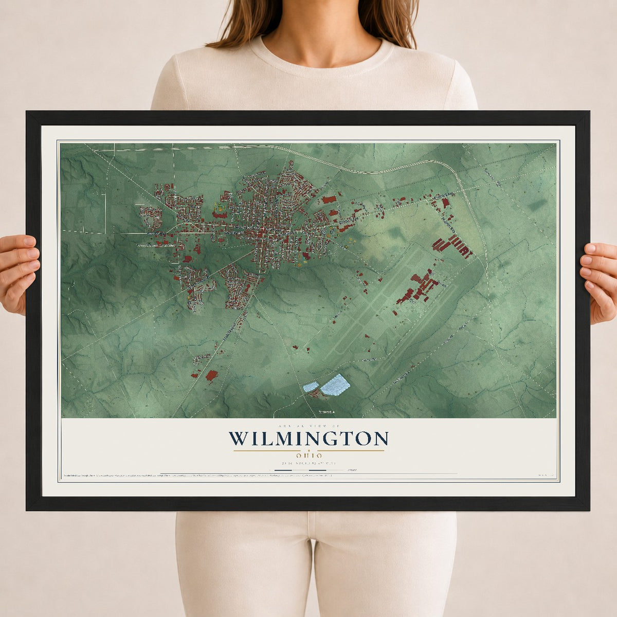 Map of Wilmington, Ohio, 18 x 24 inch print in a black wood frame