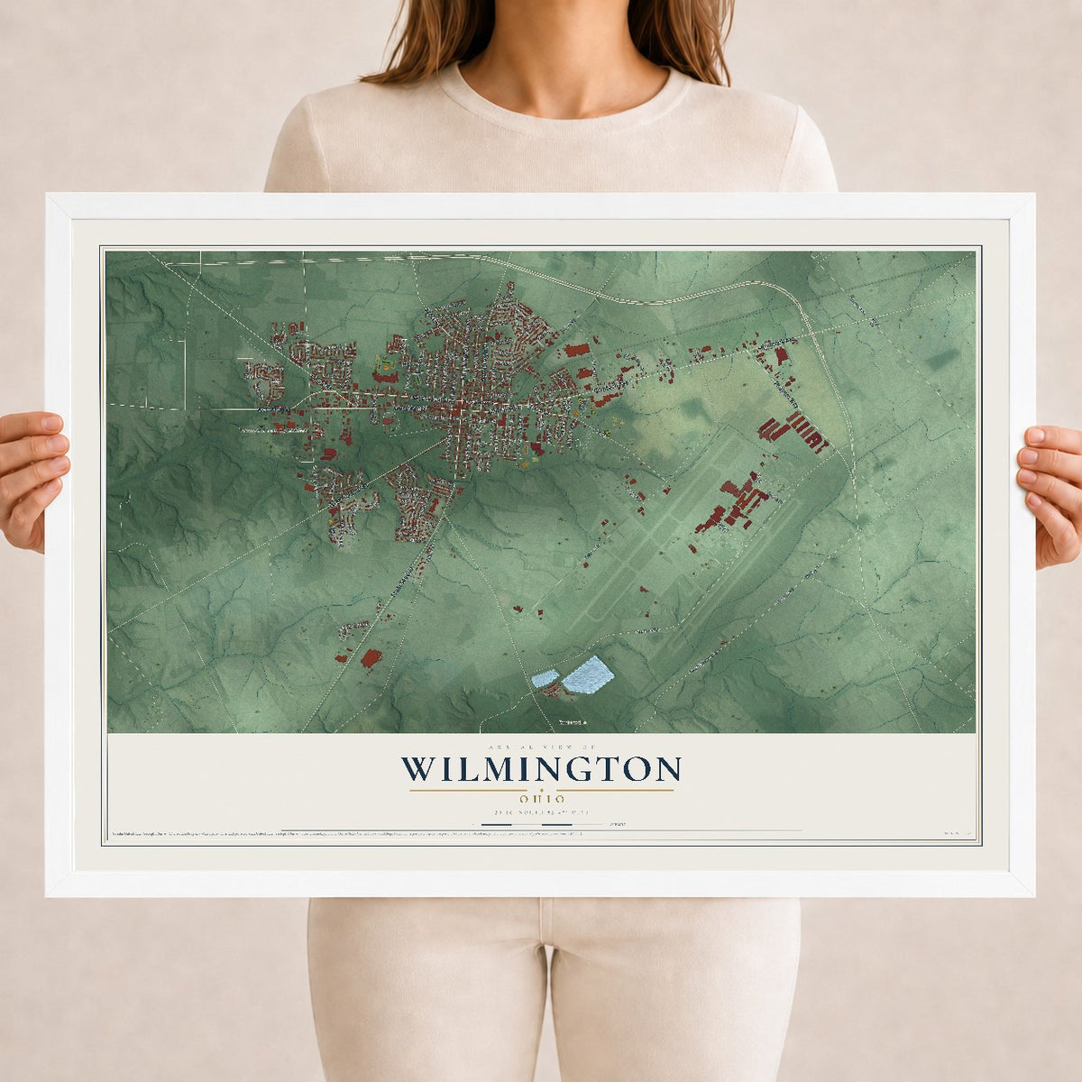 Map of Wilmington, Ohio, 18 x 24 inch print in a white wood frame