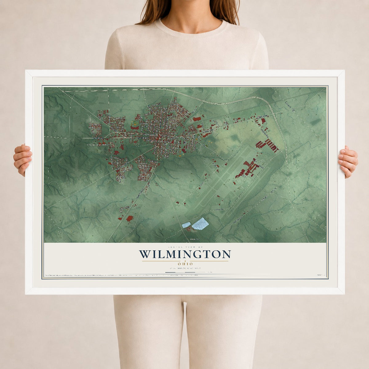 Map of Wilmington, Ohio, 24 x 36 inch print in a white wood frame
