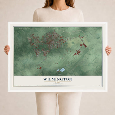 Map of Wilmington, Ohio, 24 x 36 inch print in a white wood frame