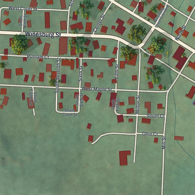 Close-up of the map of Wilmot, Ohio print showing street and building detail