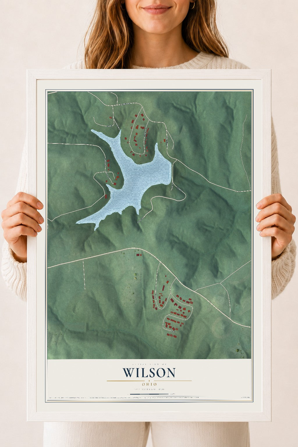Map of Wilson, Ohio, 18 x 24 inch print in a white wood frame