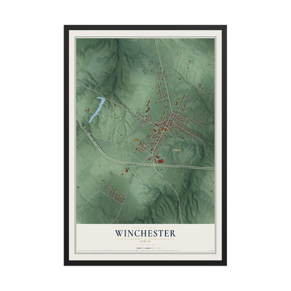 Map of Winchester, Ohio, 12 x 18 inch print in a black wood frame