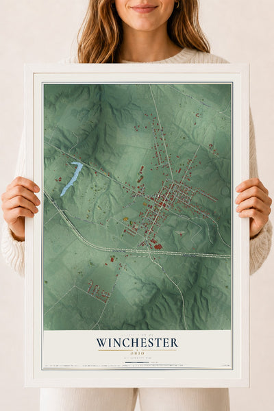 Map of Winchester, Ohio, 18 x 24 inch print in a white wood frame