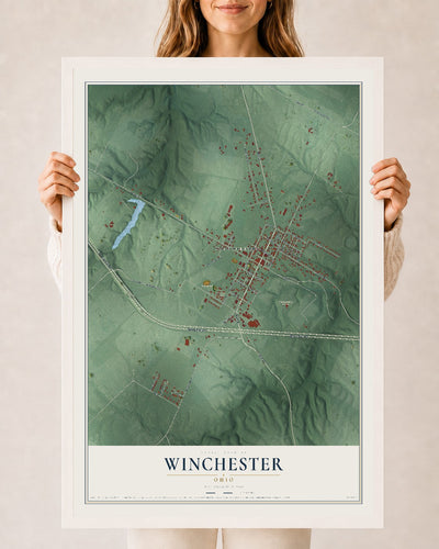 Map of Winchester, Ohio, 24 x 36 inch print in a white wood frame