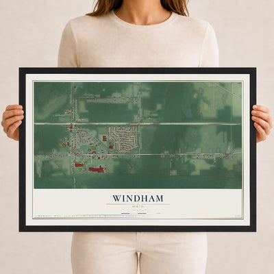 Map of Windham, Ohio, 12 x 18 inch print in a black wood frame