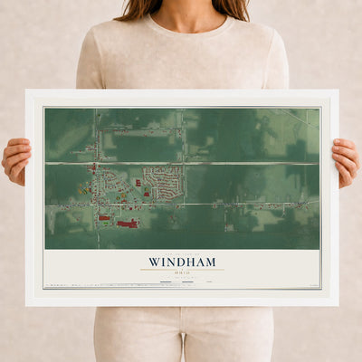 Map of Windham, Ohio, 12 x 18 inch print in a white wood frame