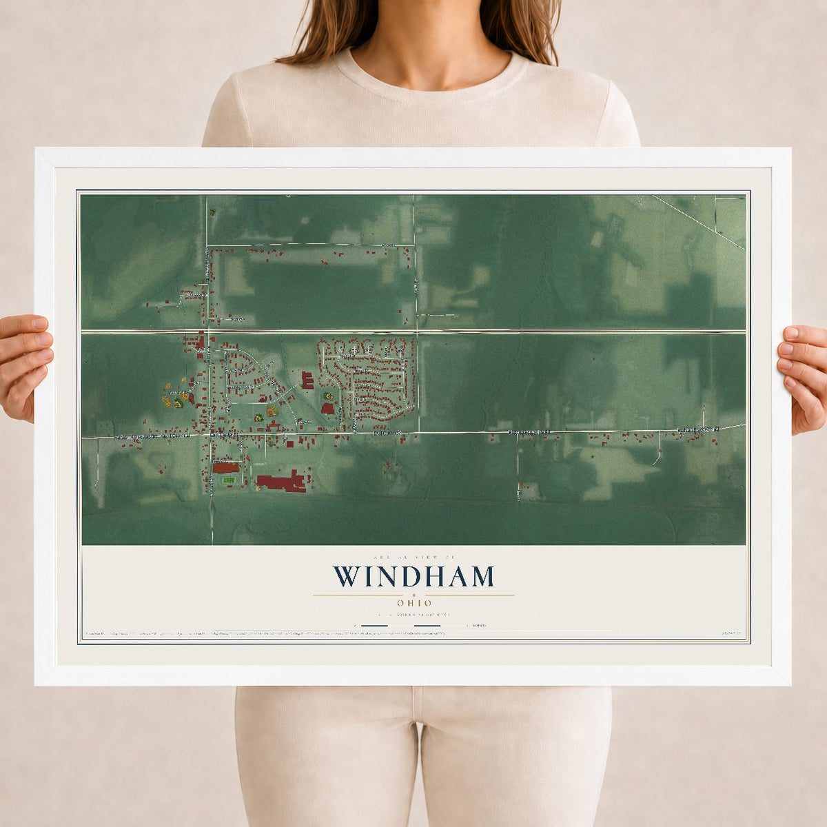 Map of Windham, Ohio, 18 x 24 inch print in a white wood frame