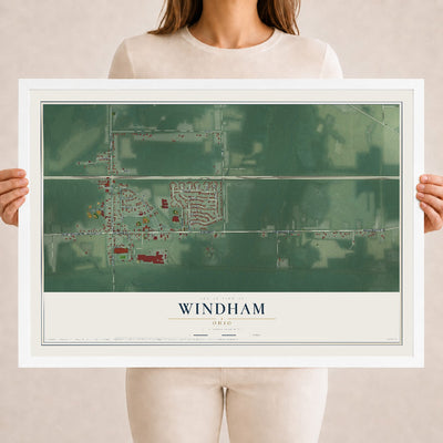 Map of Windham, Ohio, 18 x 24 inch print in a white wood frame