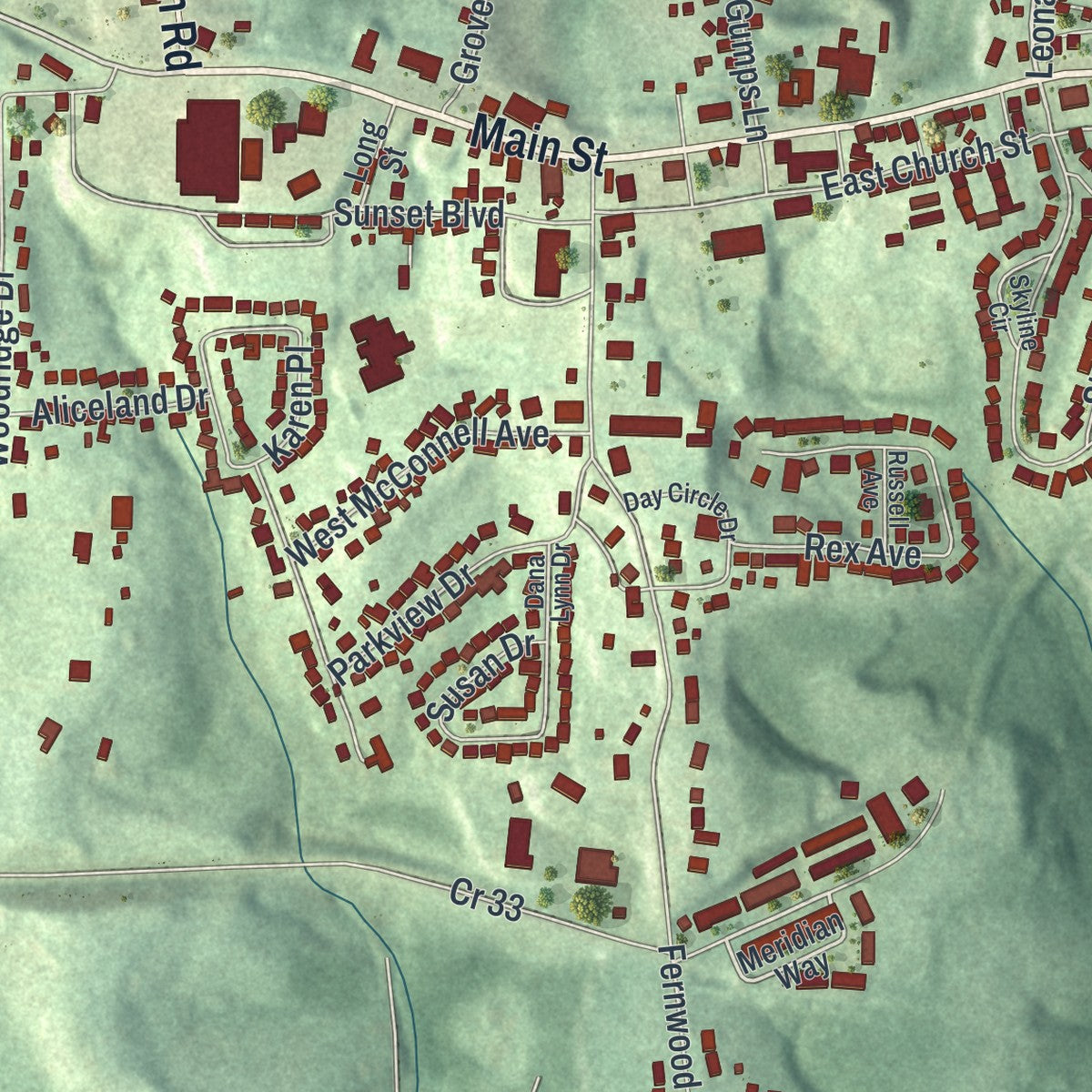 Close-up of the map of Wintersville, Ohio print showing street and building detail