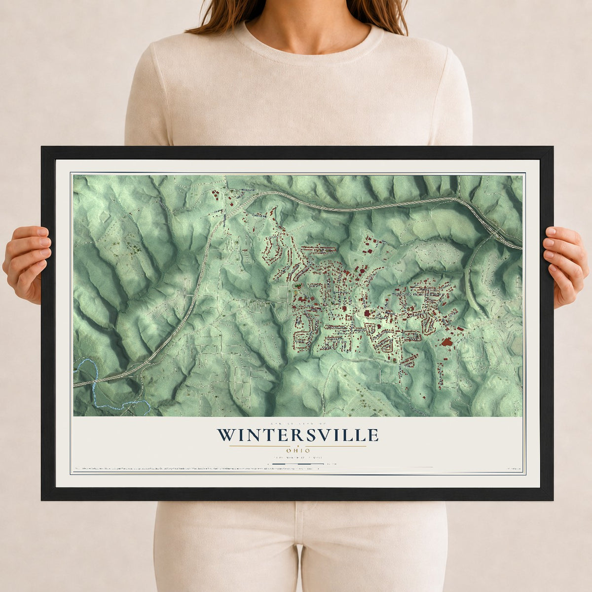 Map of Wintersville, Ohio, 12 x 18 inch print in a black wood frame