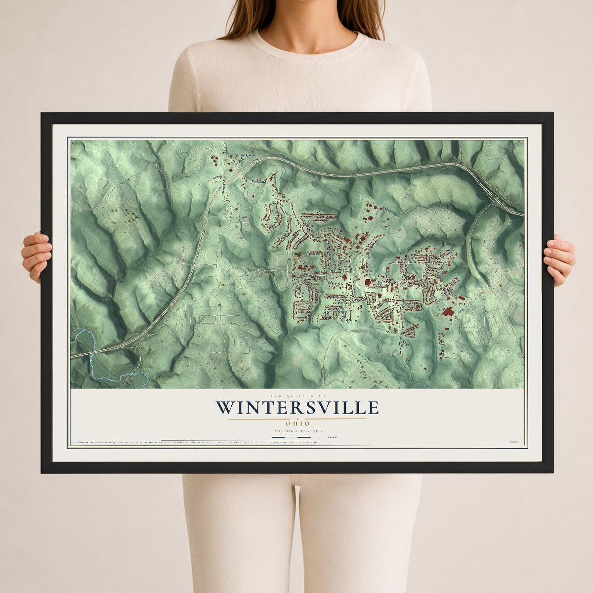 Map of Wintersville, Ohio, 24 x 36 inch print in a black wood frame