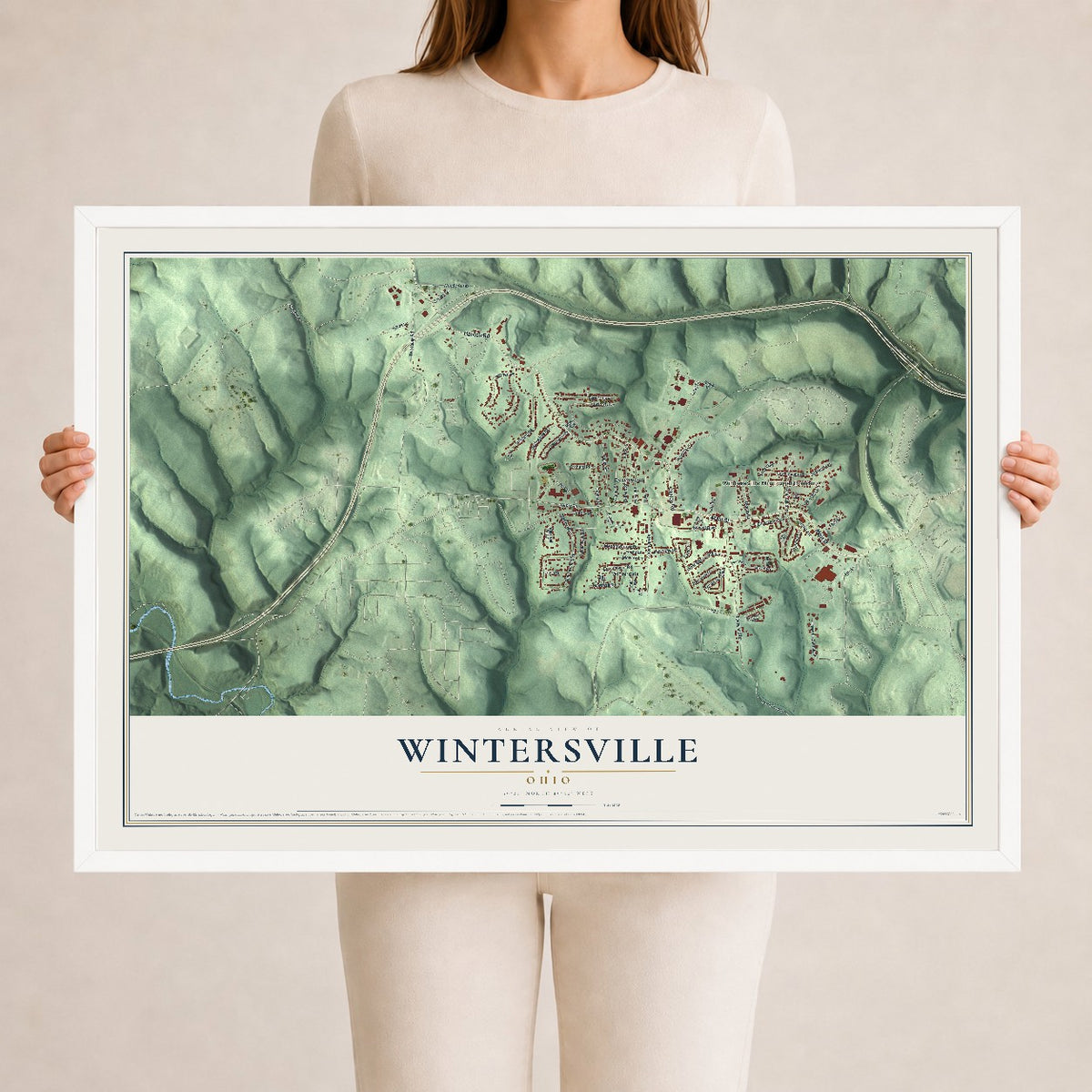 Map of Wintersville, Ohio, 24 x 36 inch print in a white wood frame