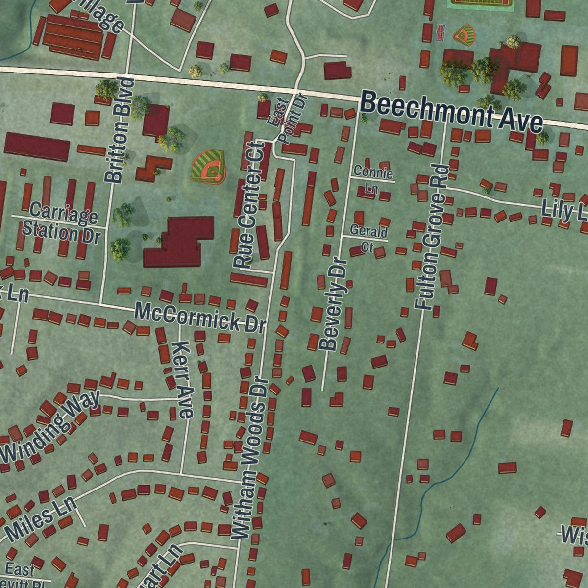 Close-up of the map of Withamsville, Ohio print showing street and building detail