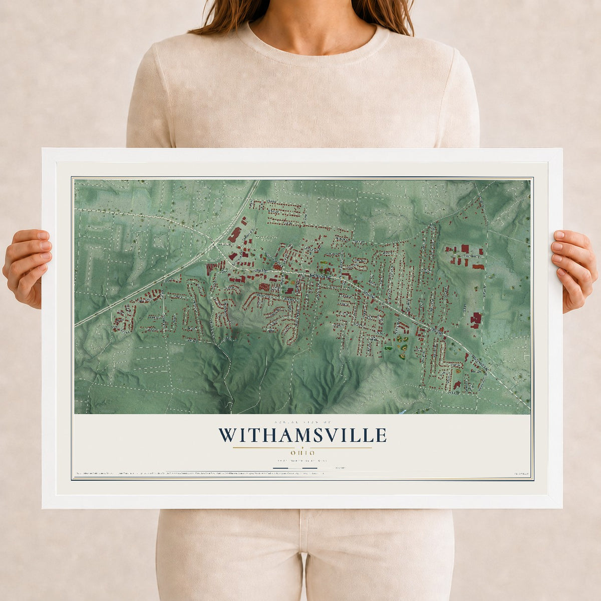 Map of Withamsville, Ohio, 12 x 18 inch print in a white wood frame