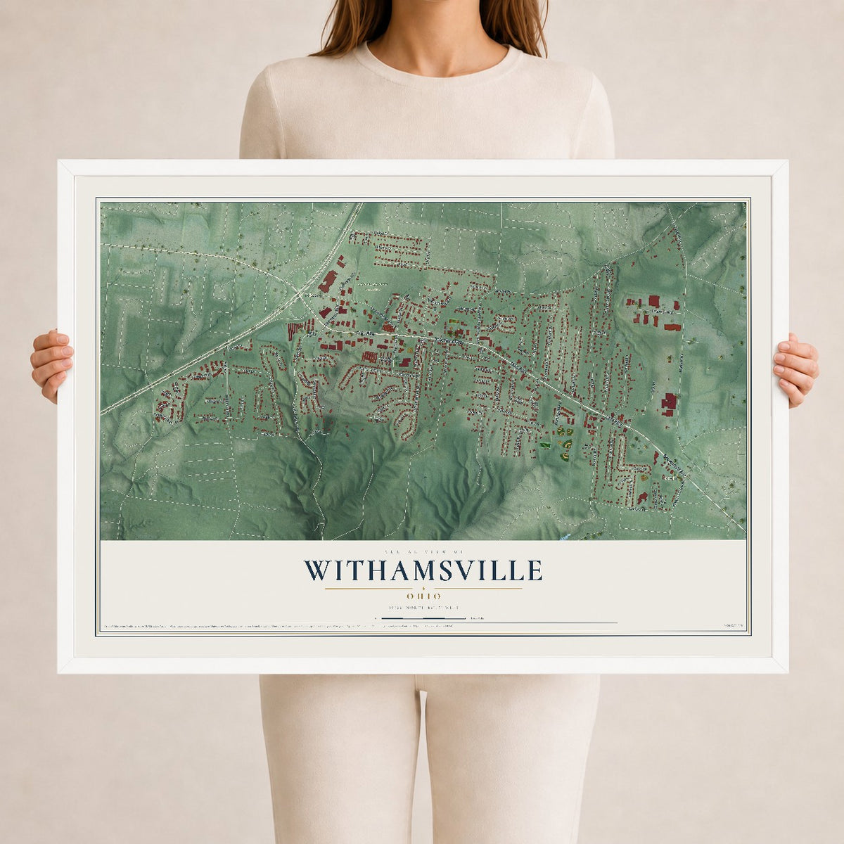 Map of Withamsville, Ohio, 24 x 36 inch print in a white wood frame