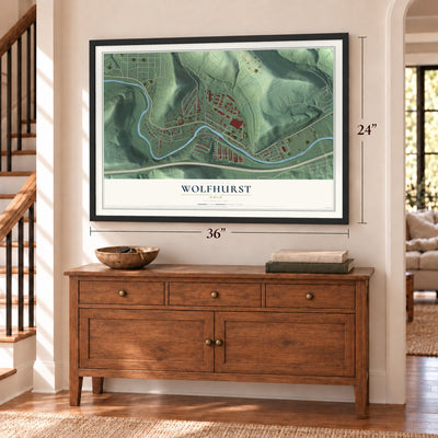 Wolfhurst, Ohio map, 24 x 36 inch print in a black frame above a dresser by a staircase