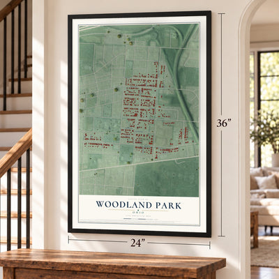 Woodland Park, Ohio map, 24 x 36 inch print in a black frame by a staircase