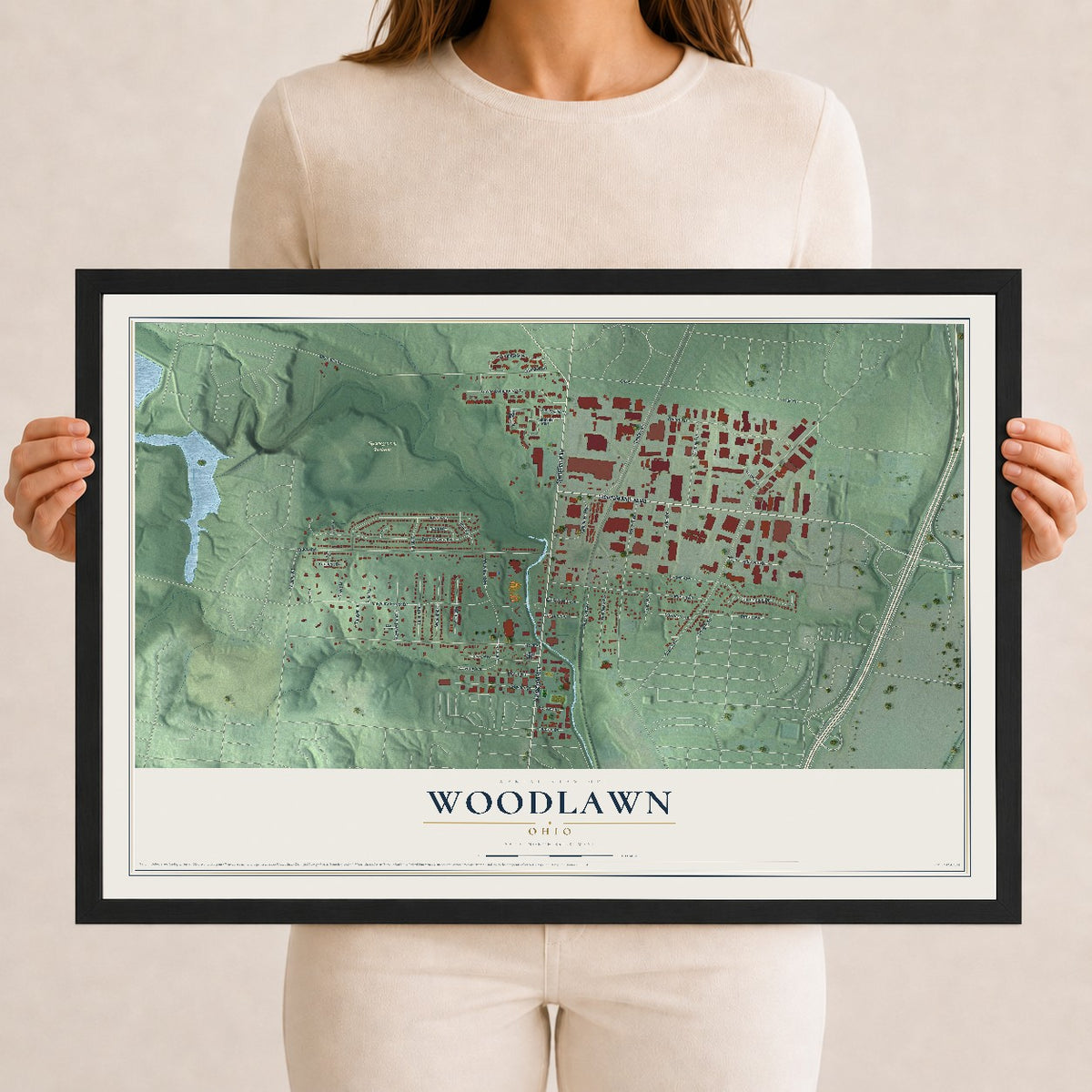 Map of Woodlawn, Ohio, 12 x 18 inch print in a black wood frame