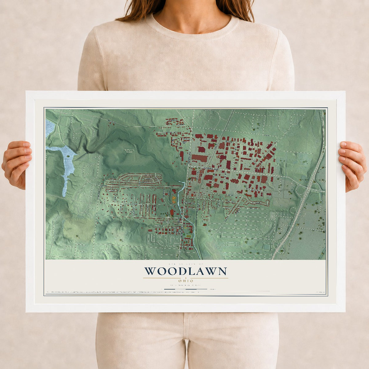 Map of Woodlawn, Ohio, 12 x 18 inch print in a white wood frame