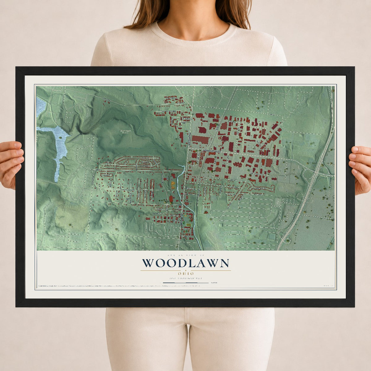 Map of Woodlawn, Ohio, 18 x 24 inch print in a black wood frame