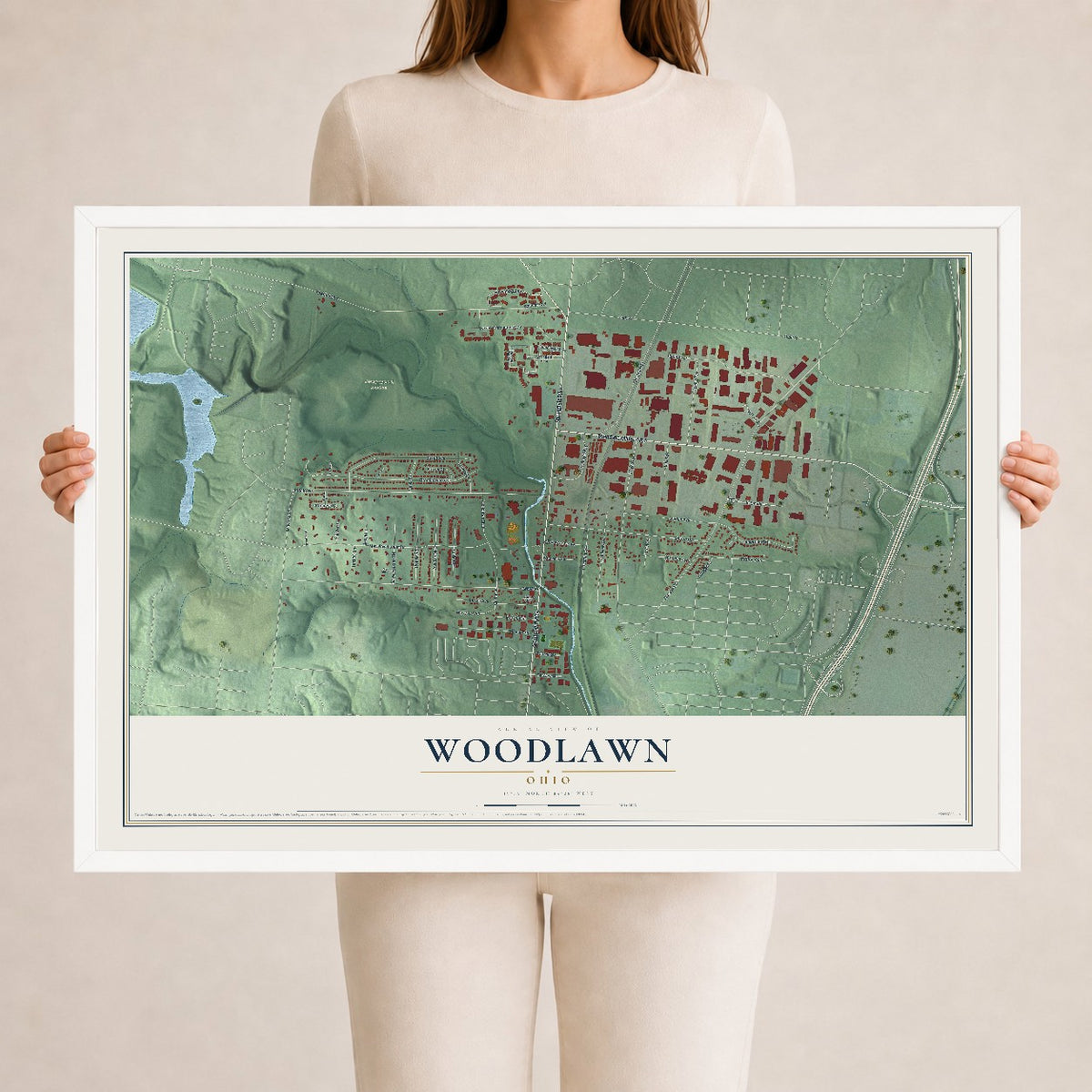 Map of Woodlawn, Ohio, 24 x 36 inch print in a white wood frame