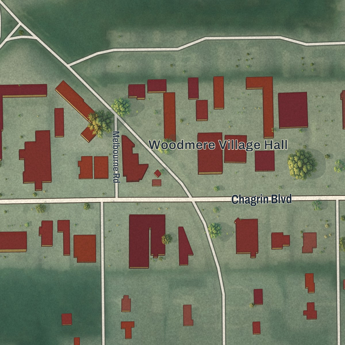 Second close-up of the map of Woodmere, Ohio print showing more streets and buildings