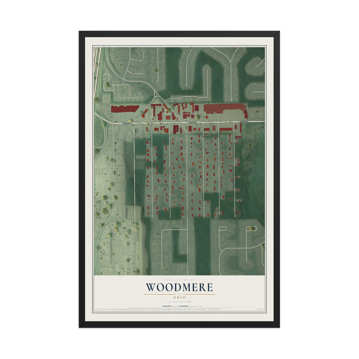 Map of Woodmere, Ohio, 12 x 18 inch print in a black wood frame