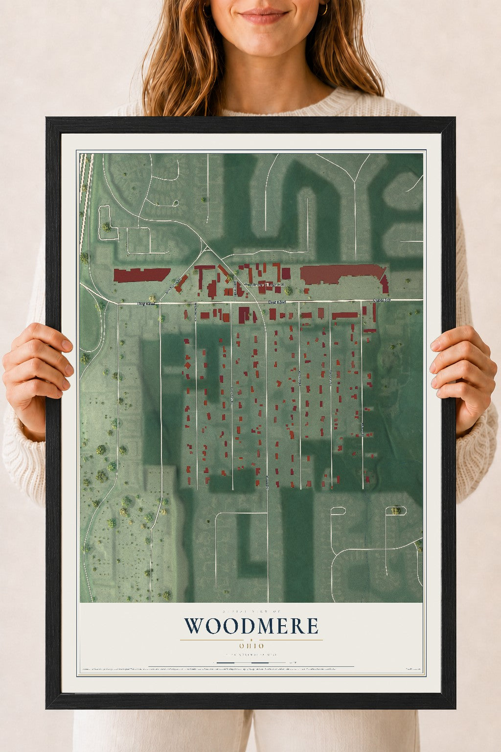 Map of Woodmere, Ohio, 18 x 24 inch print in a black wood frame