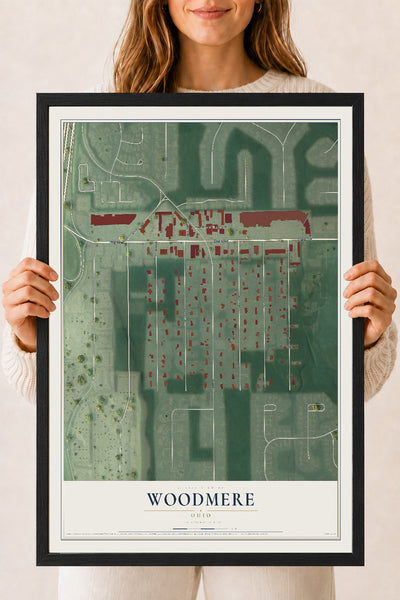 Map of Woodmere, Ohio, 18 x 24 inch print in a black wood frame