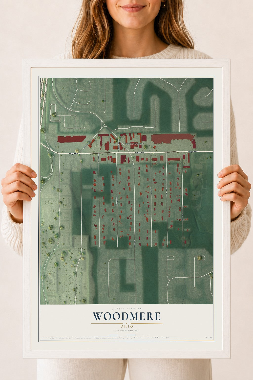 Map of Woodmere, Ohio, 18 x 24 inch print in a white wood frame