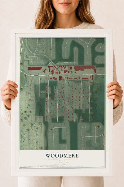 Map of Woodmere, Ohio, 18 x 24 inch print in a white wood frame