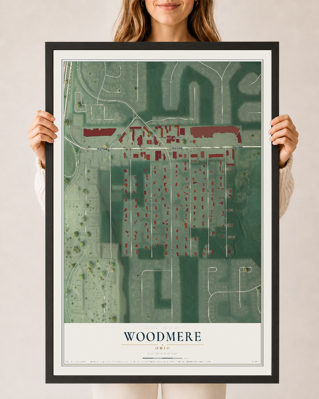 Map of Woodmere, Ohio, 24 x 36 inch print in a black wood frame