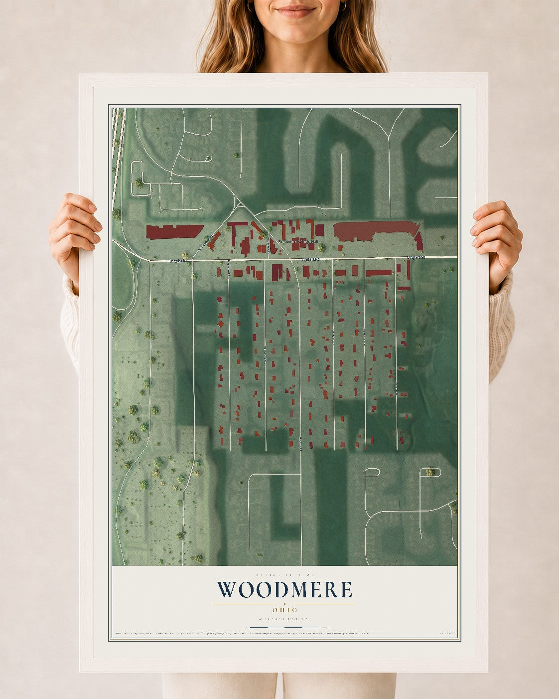 Map of Woodmere, Ohio, 24 x 36 inch print in a white wood frame