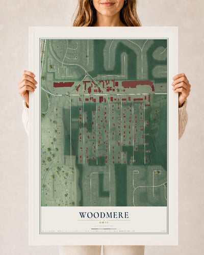 Map of Woodmere, Ohio, 24 x 36 inch print in a white wood frame