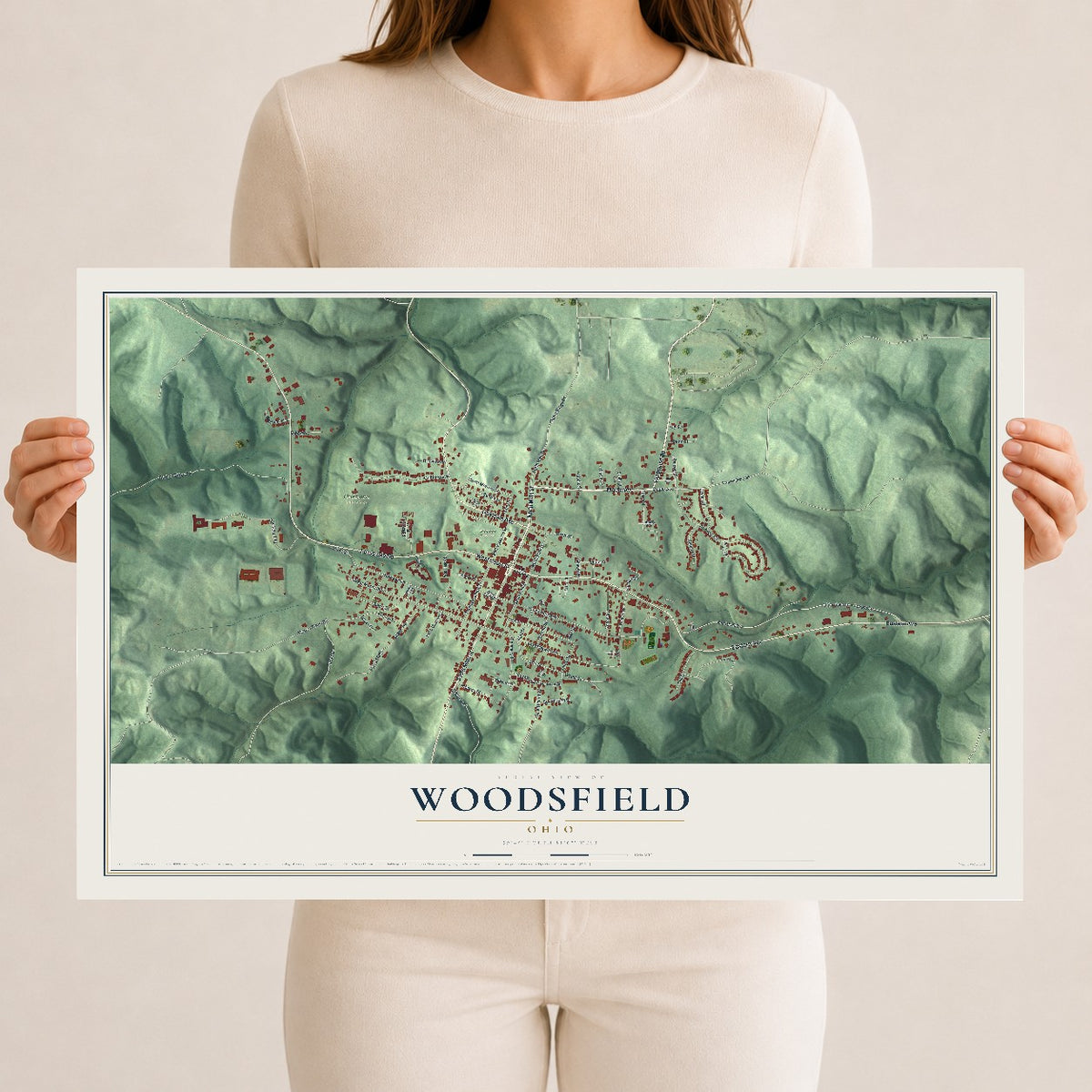 Map of Woodsfield, Ohio, 12 x 18 inch unframed archival matte print