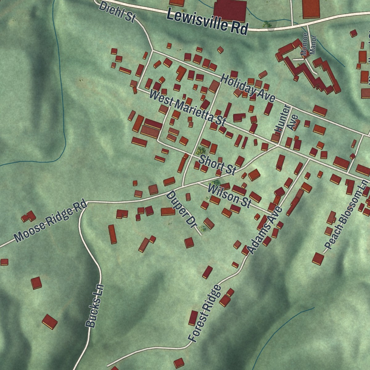 Second close-up of the map of Woodsfield, Ohio print showing more streets and buildings