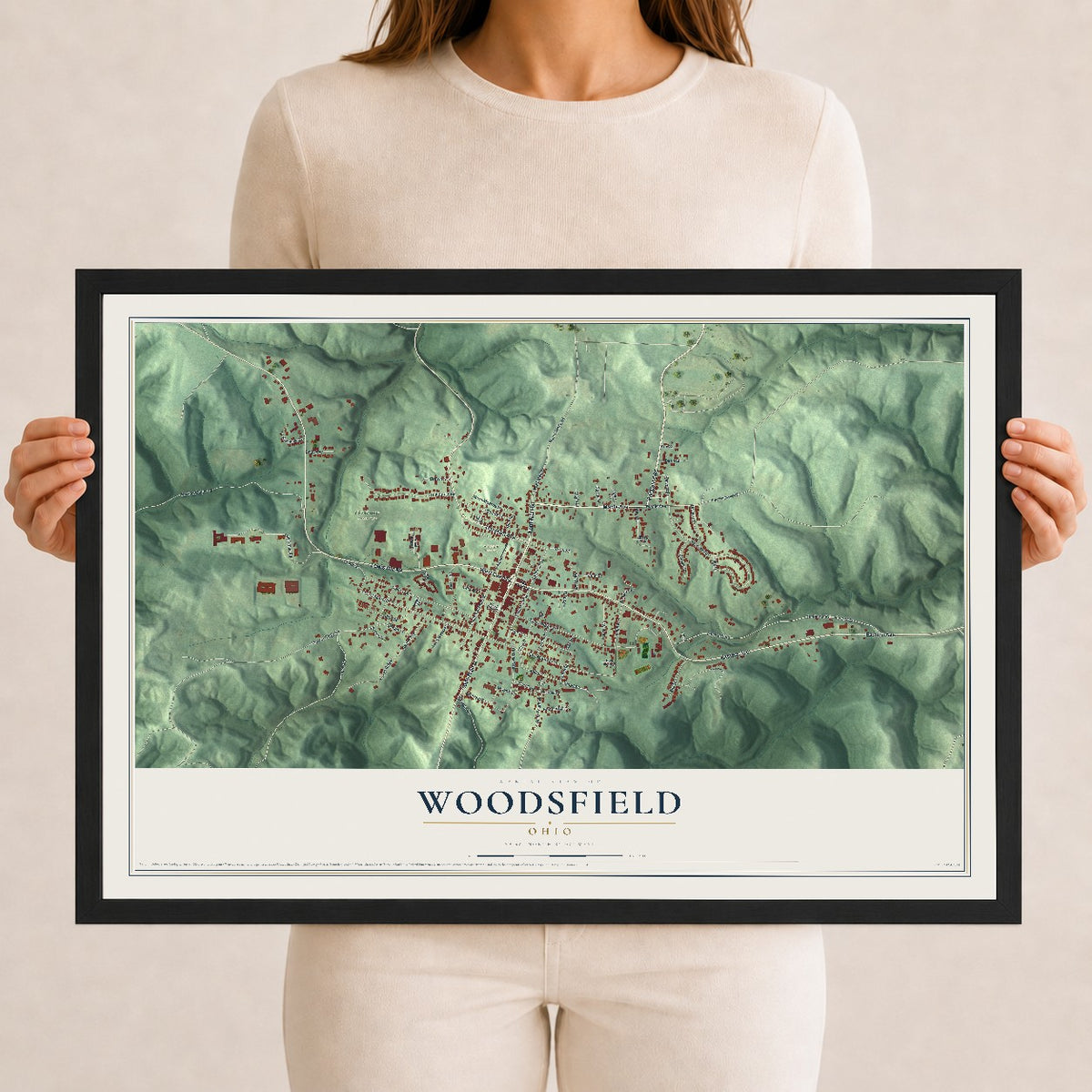 Map of Woodsfield, Ohio, 12 x 18 inch print in a black wood frame