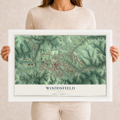 Map of Woodsfield, Ohio, 12 x 18 inch print in a white wood frame