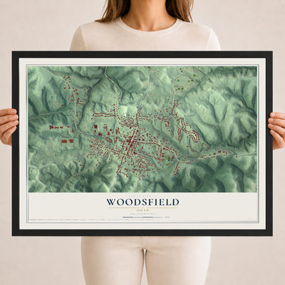 Map of Woodsfield, Ohio, 18 x 24 inch print in a black wood frame