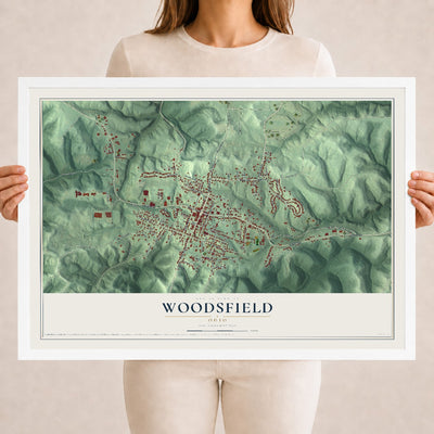 Map of Woodsfield, Ohio, 18 x 24 inch print in a white wood frame