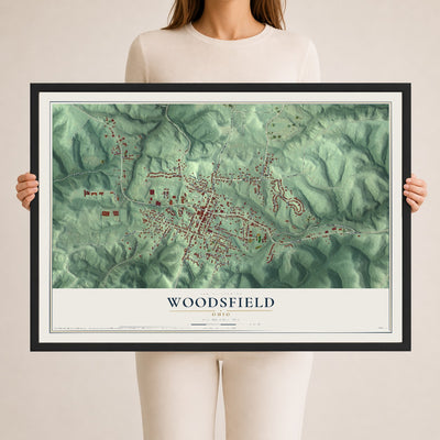 Map of Woodsfield, Ohio, 24 x 36 inch print in a black wood frame