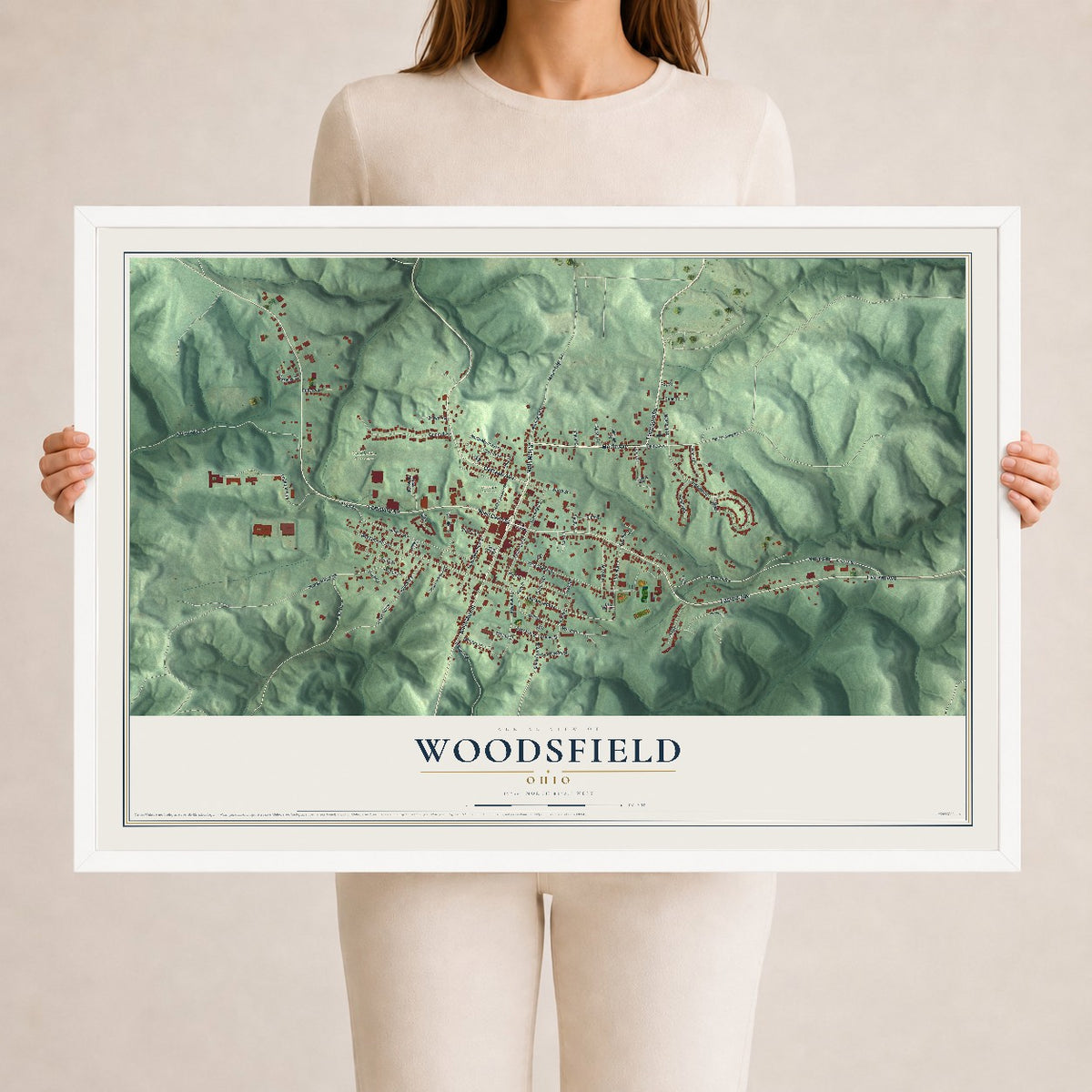 Map of Woodsfield, Ohio, 24 x 36 inch print in a white wood frame