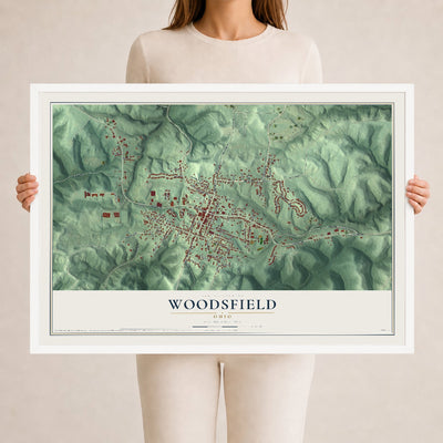 Map of Woodsfield, Ohio, 24 x 36 inch print in a white wood frame