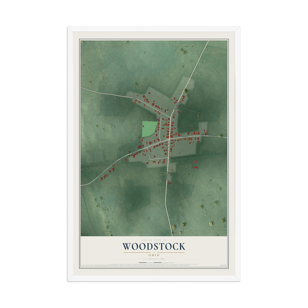 Map of Woodstock, Ohio, 12 x 18 inch print in a white wood frame