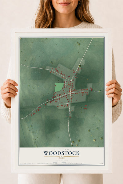Map of Woodstock, Ohio, 18 x 24 inch print in a white wood frame